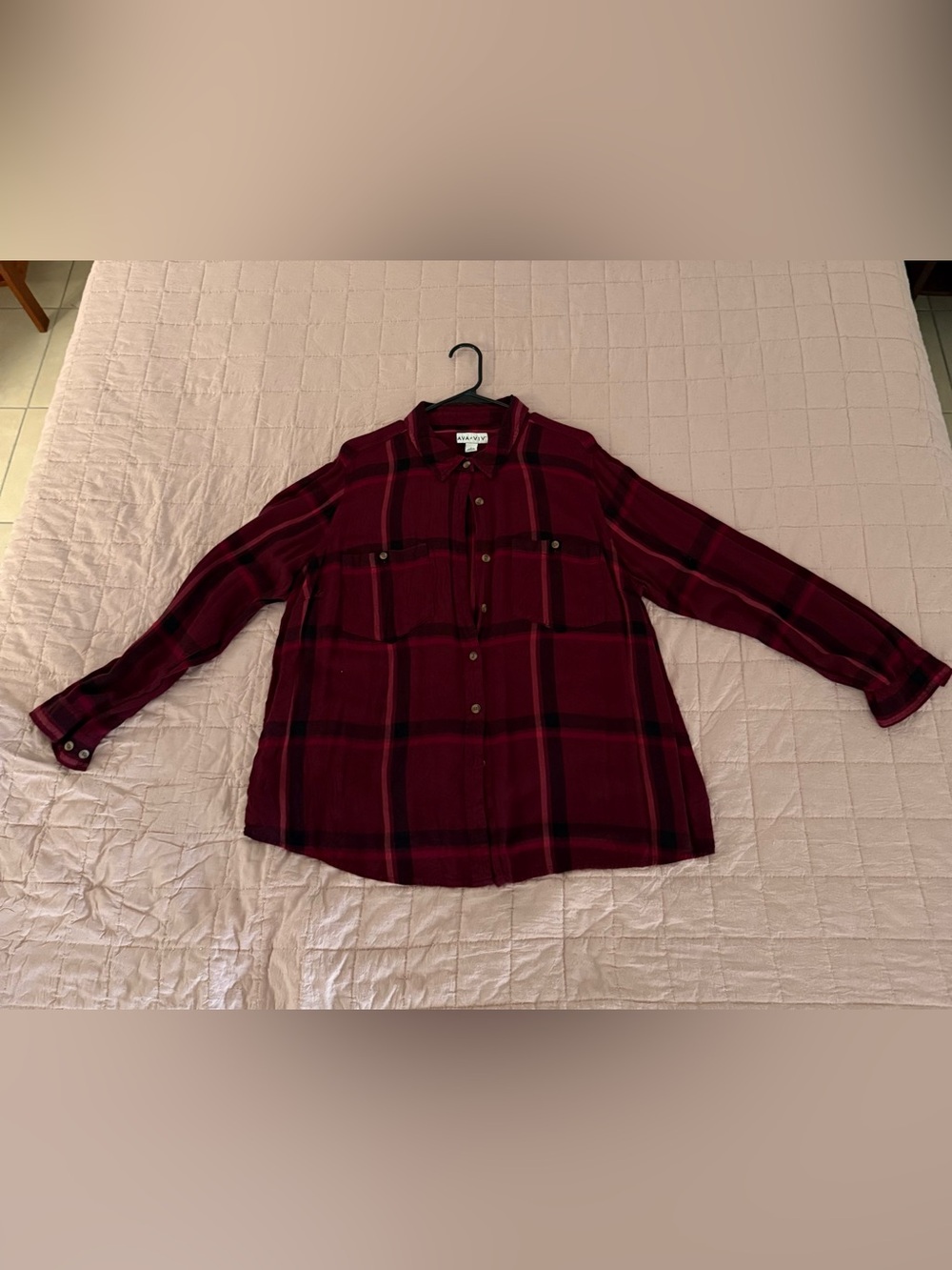 Ava & Viv Deep Wine Plaid Button Down Top